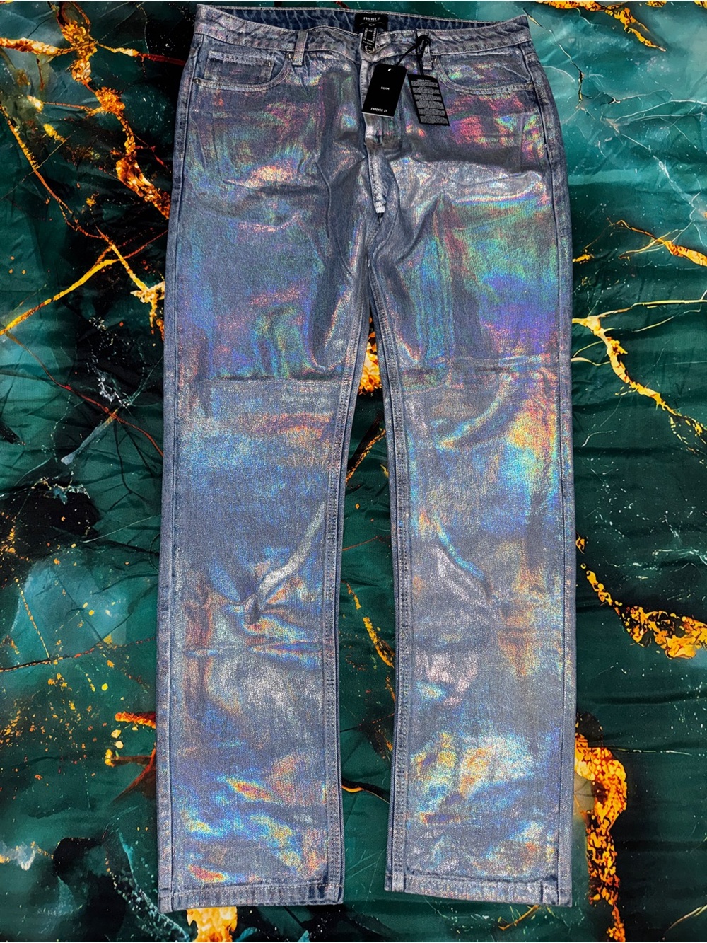 Forever 21 Men's Holographic Slim Jeans - Blue Iridescent